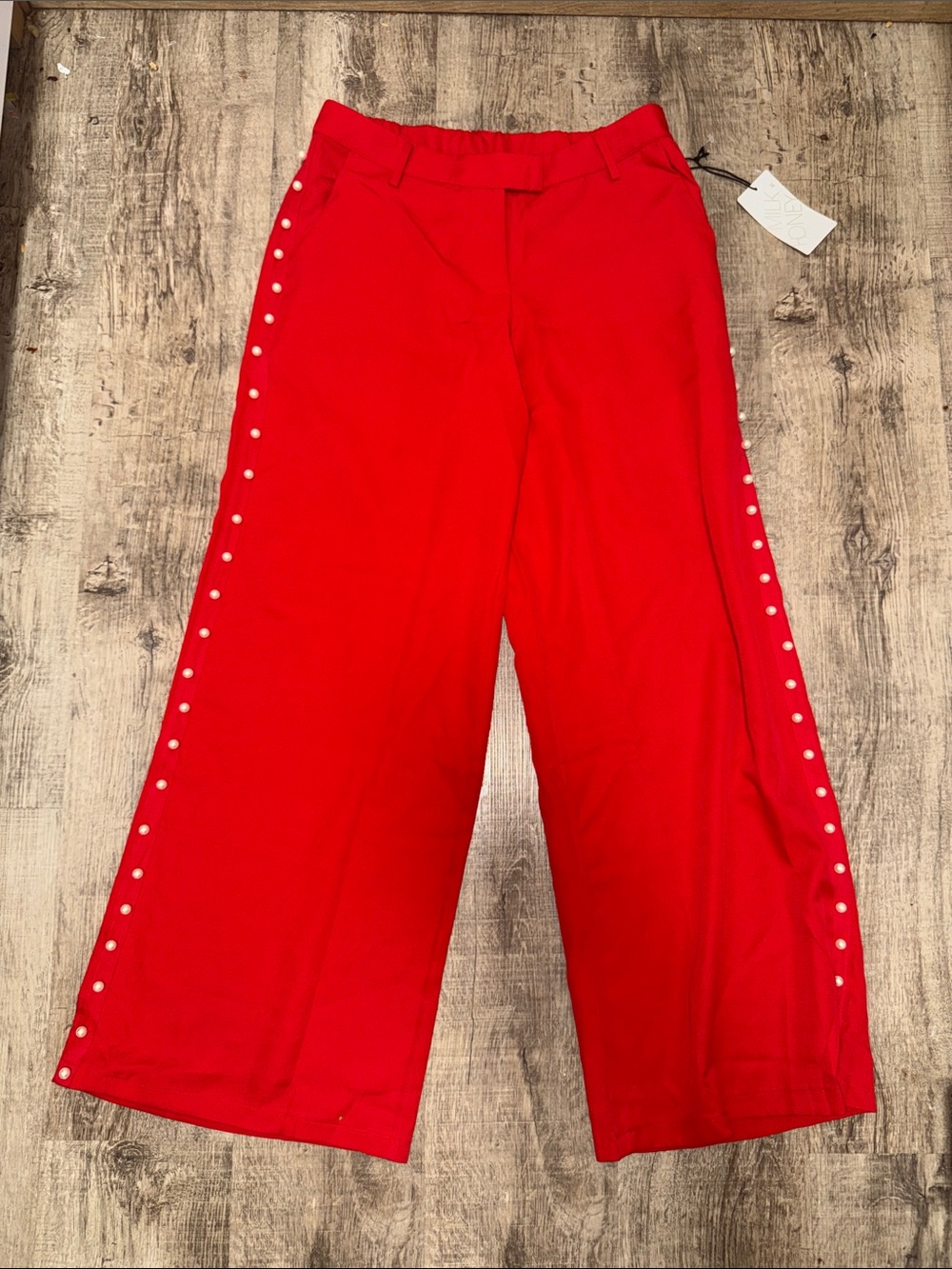 Red Wide-Leg Pearl-Trim Pants